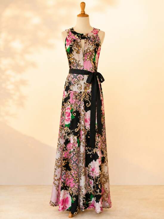 New York & Company Dresses & Skirts - New York & Company Baroque Floral Maxi Dress Pink Gold Bold Print Resort Size S